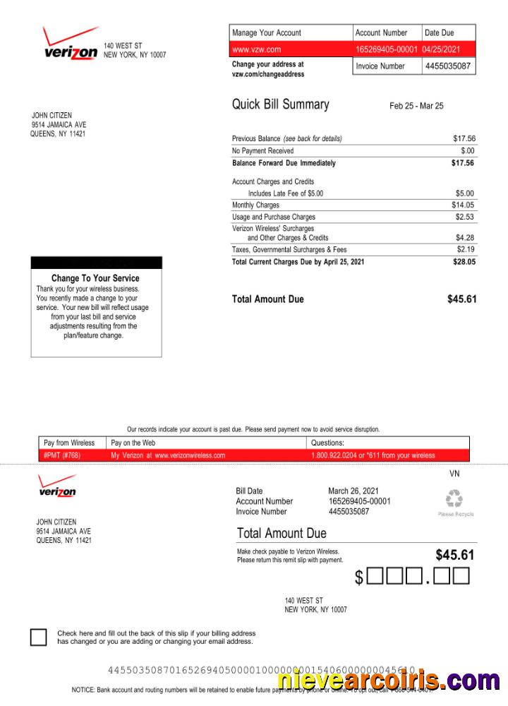USA Verizon utility bill, version 3